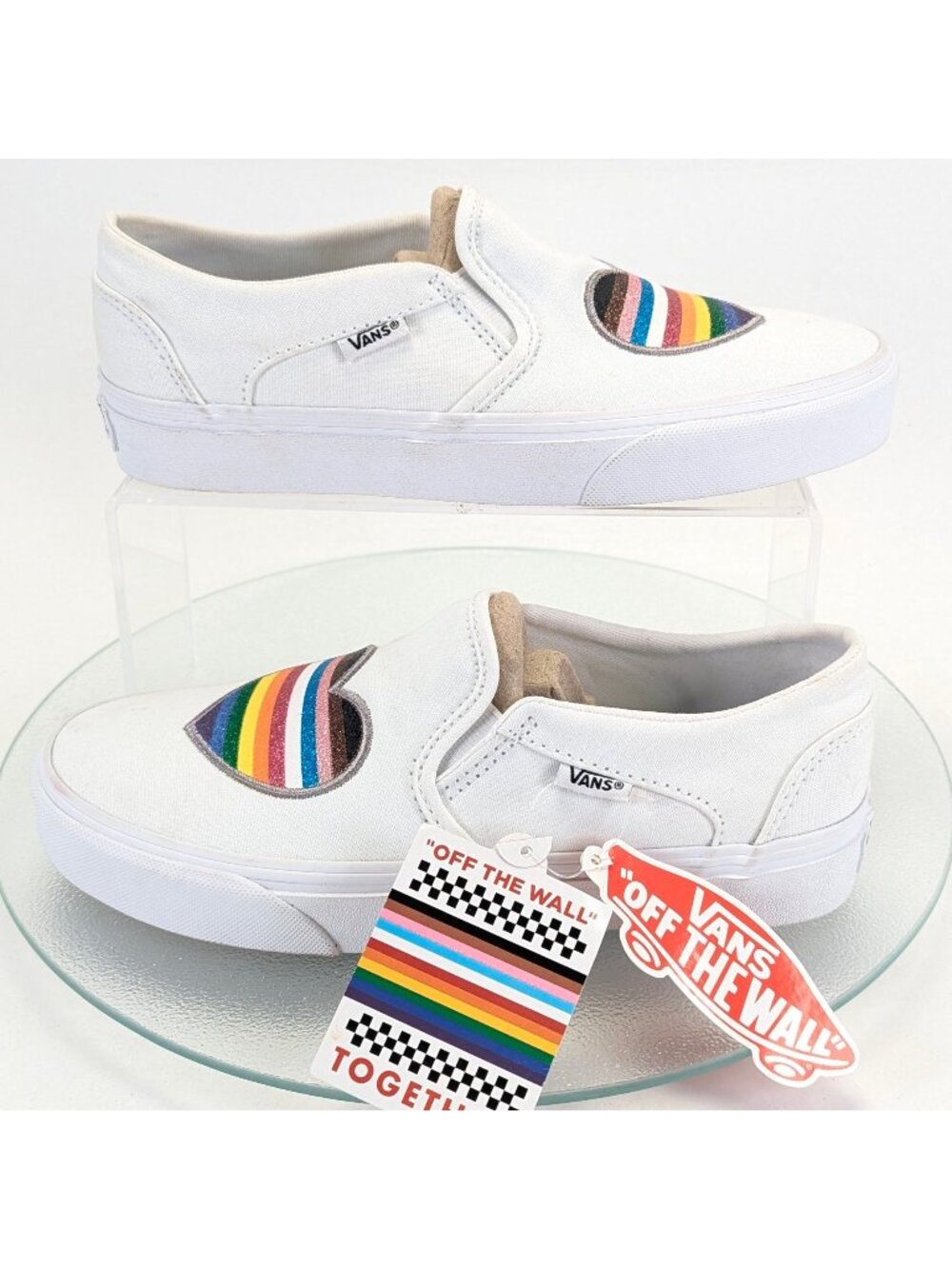 Womens Vans Sneakers Asher Slip-On Pride White Glitter Size 7 NEW